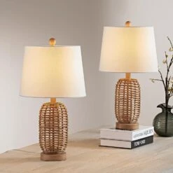 Heideman 21 In. Natural Color Mid-Century Rattan Bedroom Living Room Bedside Desk Nightstand Table Lamps Set Of 2 -Lamp Parts natural color rattan maxax table lamps t124 nat 1d 1000