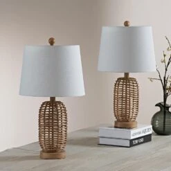Heideman 21 In. Natural Color Mid-Century Rattan Bedroom Living Room Bedside Desk Nightstand Table Lamps Set Of 2 -Lamp Parts natural color rattan maxax table lamps t124 nat 66 1000