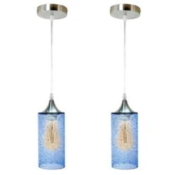 1-Light Cylinder Nickel Hand Blown Blue Seeded Glass Shade Pendant (Pack Of 2)