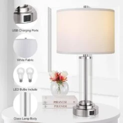 26.5 In. H Nickel Touch Control Table Lamps Set Of 2 With USB Ports, 3-Way Dimmable Nightstand Lamp With 2 LED Bulbs -Lamp Parts nickel table lamps tzt p272 427 1f 1000