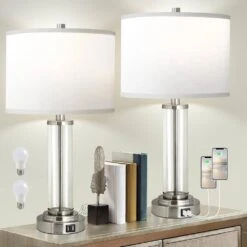 26.5 In. H Nickel Touch Control Table Lamps Set Of 2 With USB Ports, 3-Way Dimmable Nightstand Lamp With 2 LED Bulbs -Lamp Parts nickel table lamps tzt p272 427 31 1000