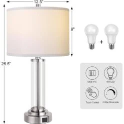 26.5 In. H Nickel Touch Control Table Lamps Set Of 2 With USB Ports, 3-Way Dimmable Nightstand Lamp With 2 LED Bulbs -Lamp Parts nickel table lamps tzt p272 427 4f 1000