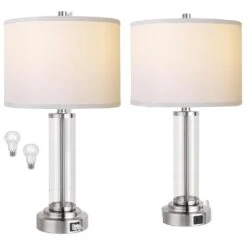 26.5 In. H Nickel Touch Control Table Lamps Set Of 2 With USB Ports, 3-Way Dimmable Nightstand Lamp With 2 LED Bulbs