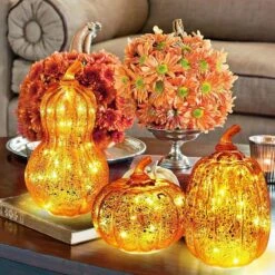 3-Piece Glass LED Lighted Pumpkin Decor With Timer
