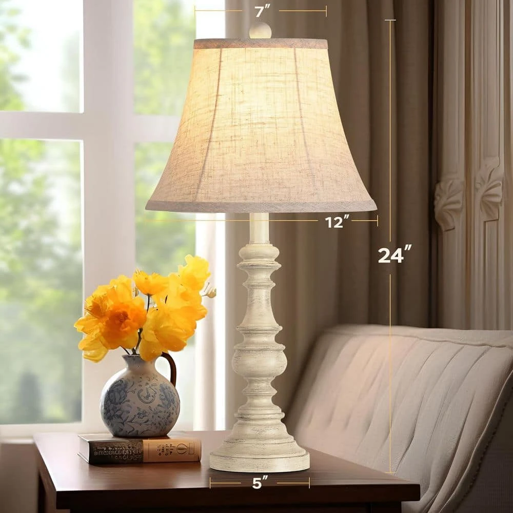 24 In. Traditional Table Lamp (Set Of 2), Rustic Farmhouse Bedside Lamps With 3-Color Temperature LED Bulbs-Oatmeal 4 24 In. Traditional Table Lamp (Set Of 2), Rustic Farmhouse Bedside Lamps With 3-Color Temperature LED Bulbs-Oatmeal - Image 2