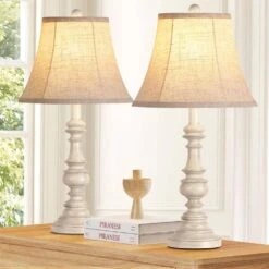 24 In. H Oatmeal Table Lamp Set Of 2 With 3-Color Temperature LED Bulbs And Linen Shade Bedside Lamps Nightstand Lamps -Lamp Parts oatmeal table lamps t3146 pzt395 fa 1000