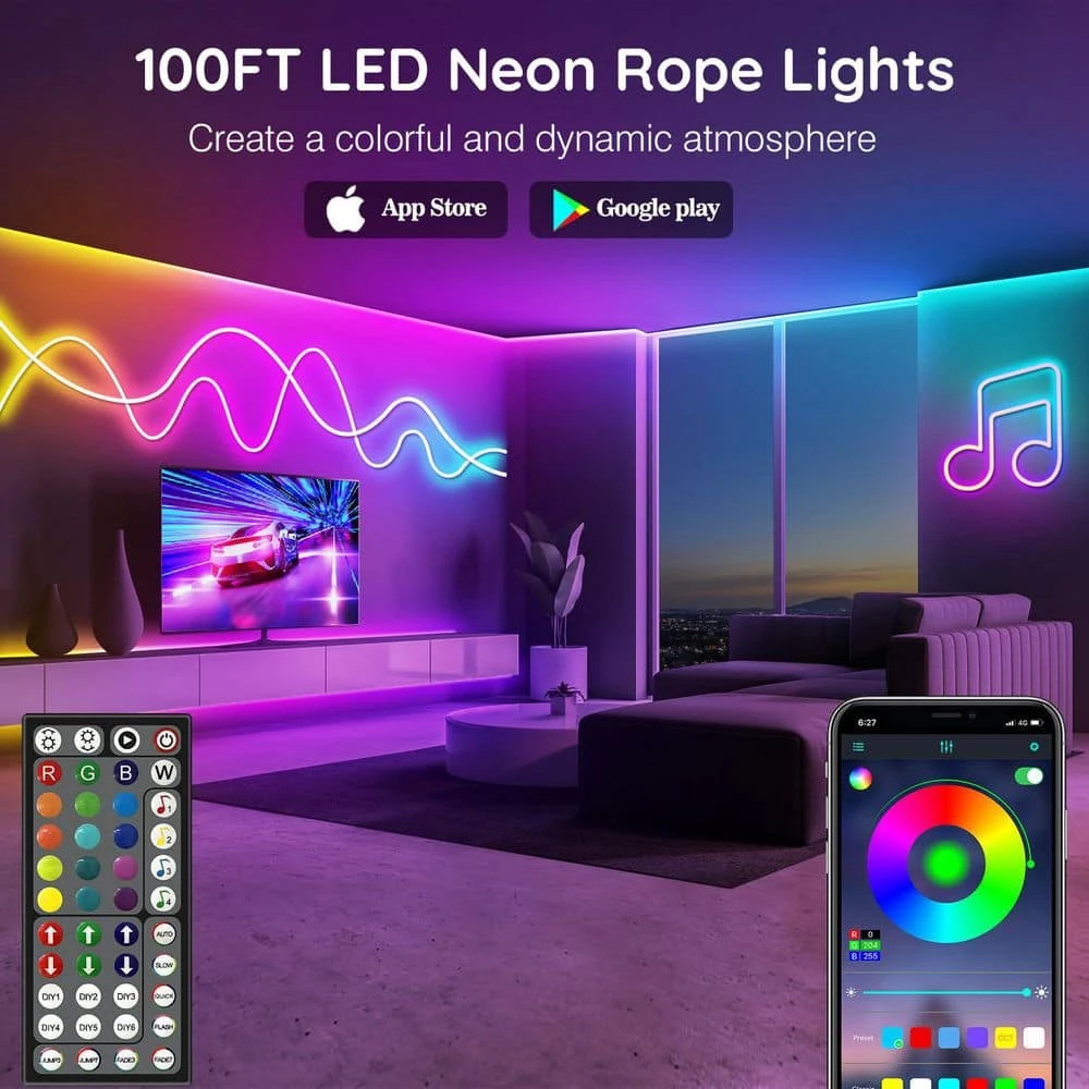 100 Ft. Outdoor RGB App/Remote Control Plug-In Integrated LED Rope Light (1-Pack) 4 100 Ft. Outdoor RGB App/Remote Control Plug-In Integrated LED Rope Light (1-Pack) - Image 2