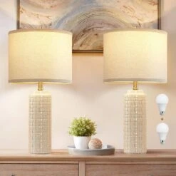 24.8 In. White Modern Ceramic Bedside Table Lamp, 3 Color Temperature Lamps For Living Room Bedroom