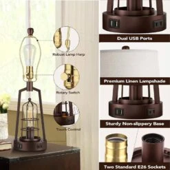 22.8 In. Oil-Rubbed Farmhouse Table Lamps, Touch Bedroom Lamps With USB Ports 2 Bulbs Rustic Nightstand Lamp For Room 10 22.8 In. Oil-Rubbed Farmhouse Table Lamps, Touch Bedroom Lamps With USB Ports 2 Bulbs Rustic Nightstand Lamp For Room -Lamp Parts oil rubbed rottogoon table lamps wtlp146az2 1d 1000