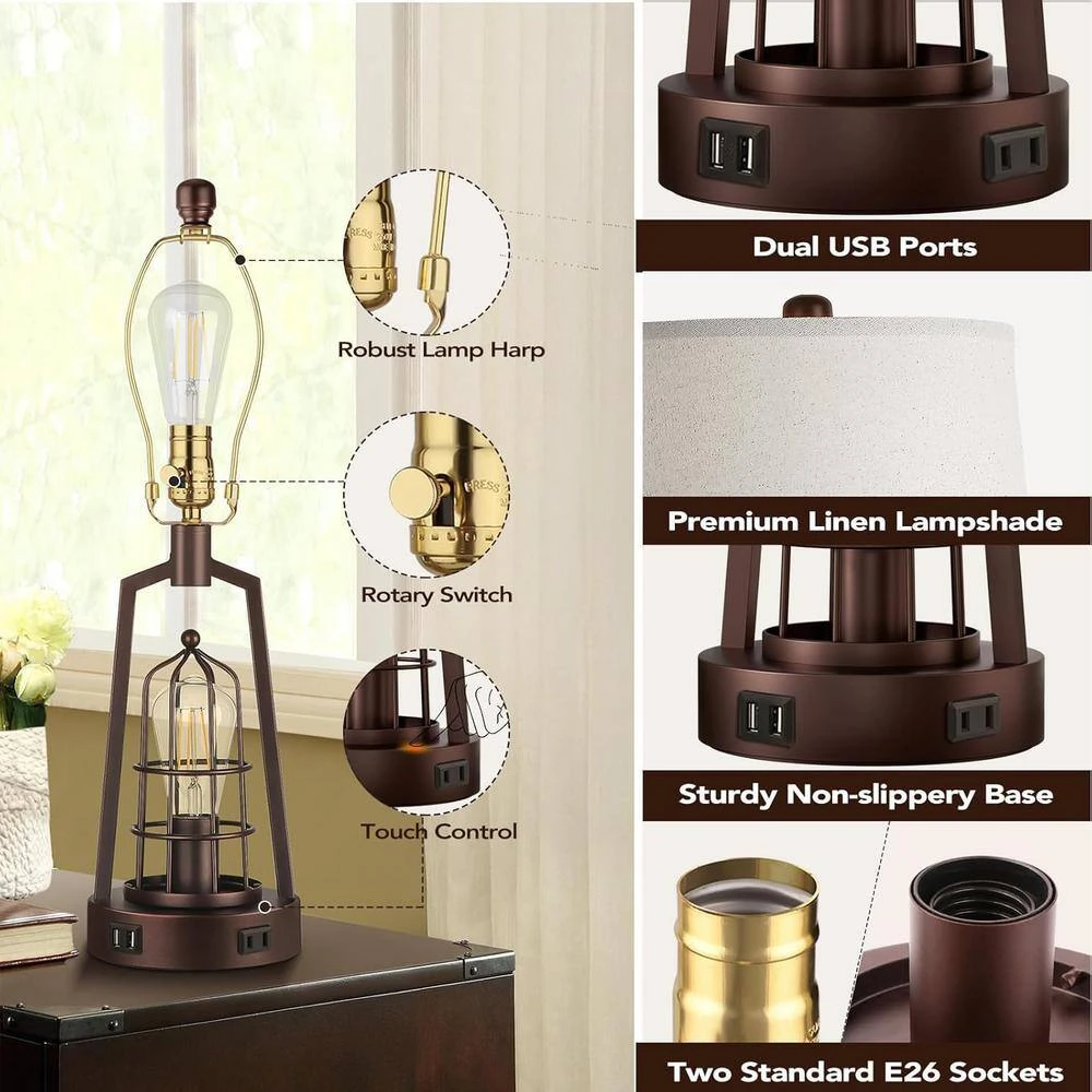 22.8 In. Oil-Rubbed Farmhouse Table Lamps, Touch Bedroom Lamps With USB Ports 2 Bulbs Rustic Nightstand Lamp For Room 5 22.8 In. Oil-Rubbed Farmhouse Table Lamps, Touch Bedroom Lamps With USB Ports 2 Bulbs Rustic Nightstand Lamp For Room - Image 3