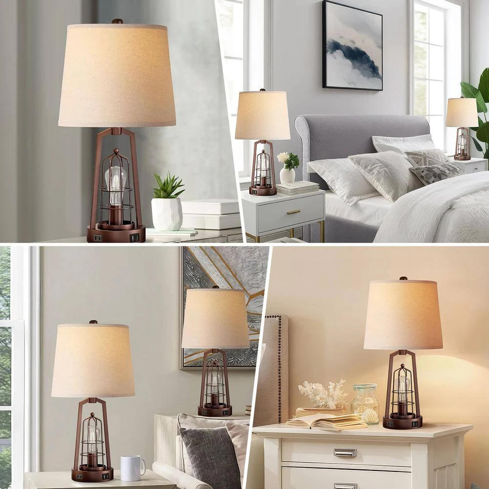 22.8 In. Oil-Rubbed Farmhouse Table Lamps, Touch Bedroom Lamps With USB Ports 2 Bulbs Rustic Nightstand Lamp For Room 8 22.8 In. Oil-Rubbed Farmhouse Table Lamps, Touch Bedroom Lamps With USB Ports 2 Bulbs Rustic Nightstand Lamp For Room - Image 6