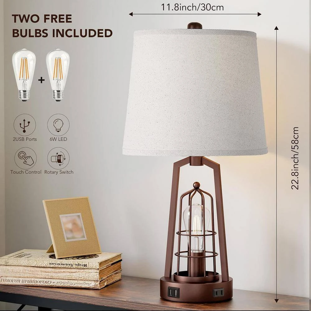 22.8 In. Oil-Rubbed Farmhouse Table Lamps, Touch Bedroom Lamps With USB Ports 2 Bulbs Rustic Nightstand Lamp For Room 6 22.8 In. Oil-Rubbed Farmhouse Table Lamps, Touch Bedroom Lamps With USB Ports 2 Bulbs Rustic Nightstand Lamp For Room - Image 4