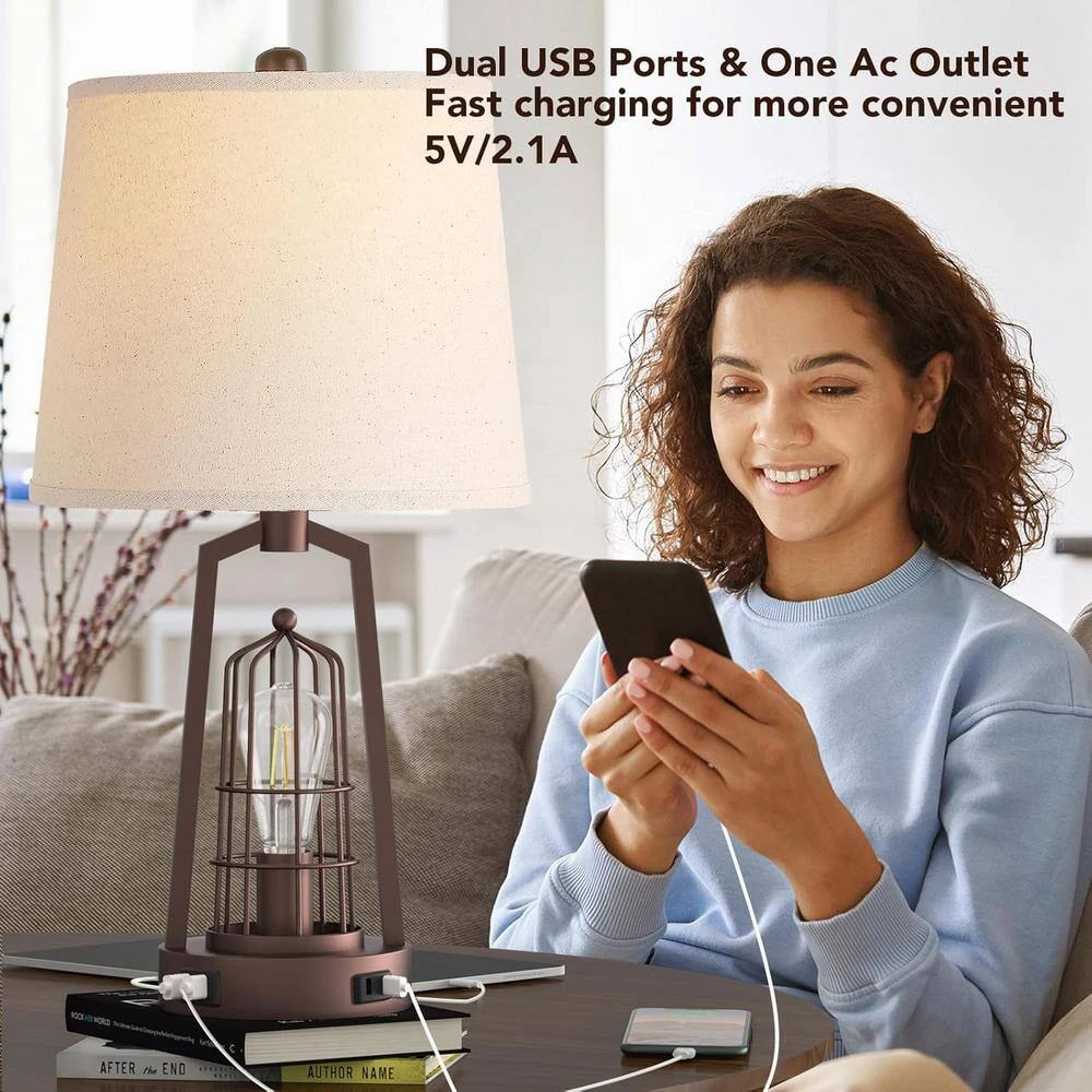 22.8 In. Oil-Rubbed Farmhouse Table Lamps, Touch Bedroom Lamps With USB Ports 2 Bulbs Rustic Nightstand Lamp For Room 4 22.8 In. Oil-Rubbed Farmhouse Table Lamps, Touch Bedroom Lamps With USB Ports 2 Bulbs Rustic Nightstand Lamp For Room - Image 2