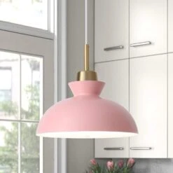1-Light Simple Pink Single Dome Pendant Light With Metal Shade