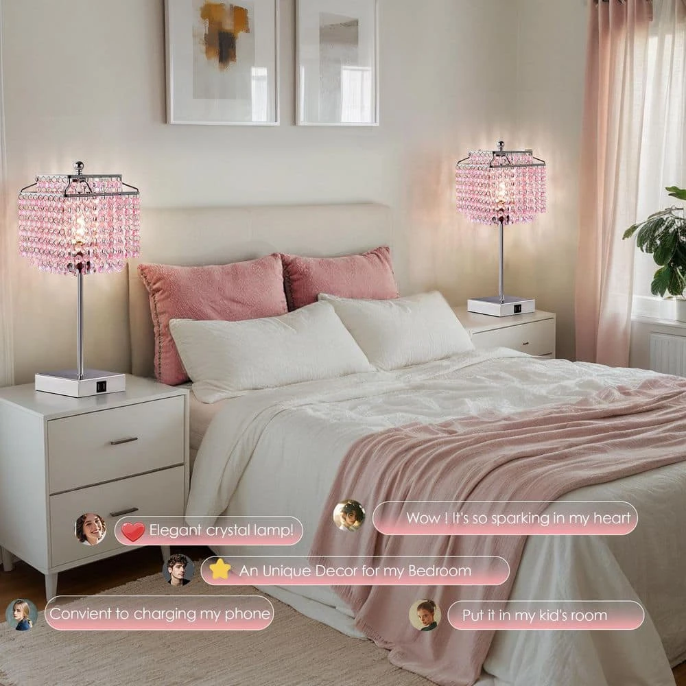 17.6 In. Pink Crystal Touch Table Lamp, Bedside Lamps With USB C Plus A Ports, 3 Way Dimmable Lamp With Crystal Shade 5 17.6 In. Pink Crystal Touch Table Lamp, Bedside Lamps With USB C Plus A Ports, 3 Way Dimmable Lamp With Crystal Shade - Image 3