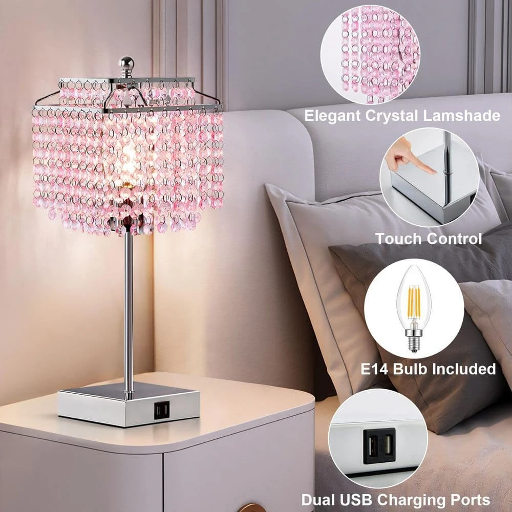 17.6 In. Pink Crystal Touch Table Lamp, Bedside Lamps With USB C Plus A Ports, 3 Way Dimmable Lamp With Crystal Shade 4 17.6 In. Pink Crystal Touch Table Lamp, Bedside Lamps With USB C Plus A Ports, 3 Way Dimmable Lamp With Crystal Shade - Image 2