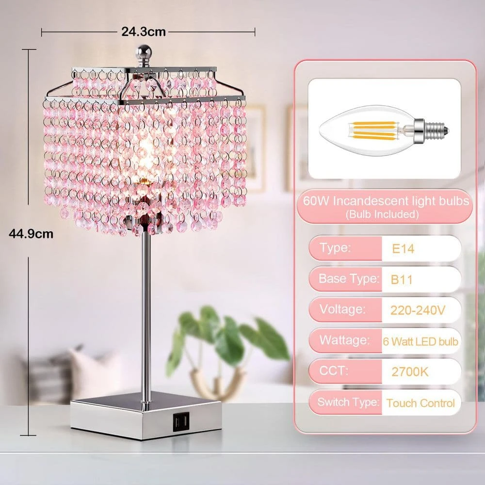 17.6 In. Pink Crystal Touch Table Lamp, Bedside Lamps With USB C Plus A Ports, 3 Way Dimmable Lamp With Crystal Shade 6 17.6 In. Pink Crystal Touch Table Lamp, Bedside Lamps With USB C Plus A Ports, 3 Way Dimmable Lamp With Crystal Shade - Image 4