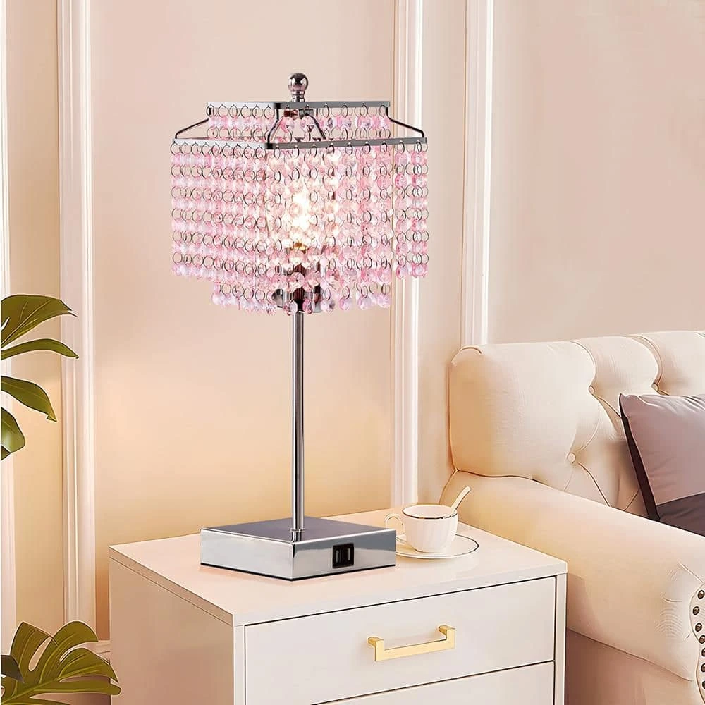 17.6 In. Pink Crystal Touch Table Lamp, Bedside Lamps With USB C Plus A Ports, 3 Way Dimmable Lamp With Crystal Shade 7 17.6 In. Pink Crystal Touch Table Lamp, Bedside Lamps With USB C Plus A Ports, 3 Way Dimmable Lamp With Crystal Shade - Image 5