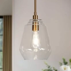 Modern Kitchen Island Bell Pendant Light 1-Light Plating Brass Pendant Light With Clear Glass Shade