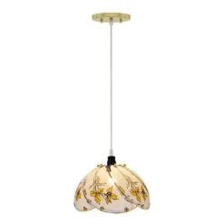 1-Light Polished Brass Mini Pendant With Floral Pattern Glass Shade