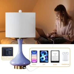 Sacramento 23 In. Purple Modern Dimmable Ceramic Bedroom Living Room Bedside Desk Nightstand Table Lamps Usb Port -Lamp Parts purple maxax table lamps t252 pe s 1d 1000