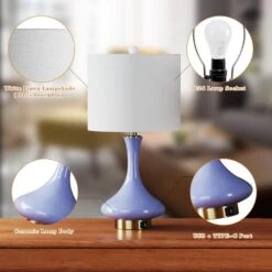 Sacramento 23 In. Purple Modern Dimmable Ceramic Bedroom Living Room Bedside Desk Nightstand Table Lamps Usb Port -Lamp Parts purple maxax table lamps t252 pe s 66 1000