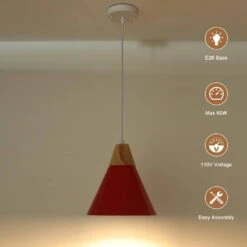 1-Light Red Cone Pendant Light With Metal Shade, No Bulbs Included -Lamp Parts red adsensty pendant lights hd 1 r zjd00072 1d 1000