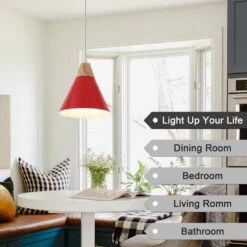 1-Light Red Cone Pendant Light With Metal Shade, No Bulbs Included -Lamp Parts red adsensty pendant lights hd 1 r zjd00072 a0 1000