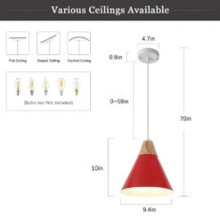 1-Light Red Cone Pendant Light With Metal Shade, No Bulbs Included -Lamp Parts red adsensty pendant lights hd 1 r zjd00072 c3 1000