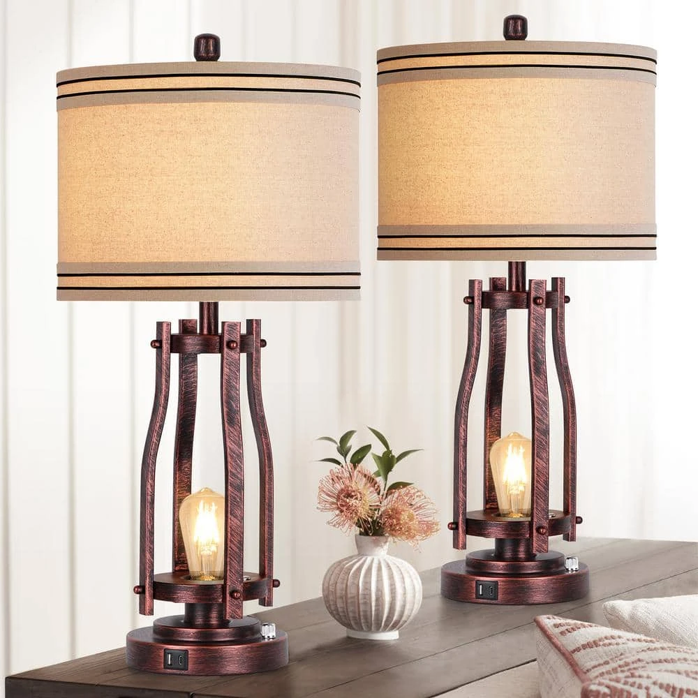 28 In. Tall Table Lamps (Set Of 2) 2-Lights Bedside Nightstand Lamp With Shade Red Bronze 7 28 In. Tall Table Lamps (Set Of 2) 2-Lights Bedside Nightstand Lamp With Shade Red Bronze - Image 5