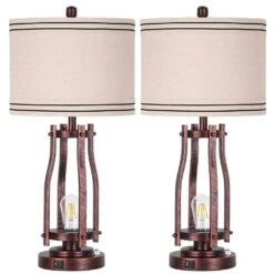 28 In. Tall Table Lamps (Set Of 2) 2-Lights Bedside Nightstand Lamp With Shade Red Bronze