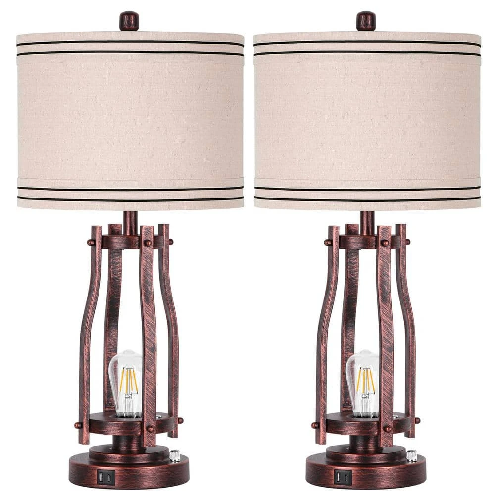 28 In. Tall Table Lamps (Set Of 2) 2-Lights Bedside Nightstand Lamp With Shade Red Bronze 3 28 In. Tall Table Lamps (Set Of 2) 2-Lights Bedside Nightstand Lamp With Shade Red Bronze