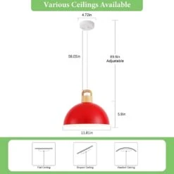 1-Light Red Industrial Metal Dome Shade Pendant Light With Wooden Top For Living Room Foyer Entryway -Lamp Parts red hljynjm pendant lights dmzjd000751r 1d 1000
