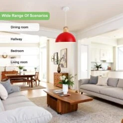 1-Light Red Industrial Metal Dome Shade Pendant Light With Wooden Top For Living Room Foyer Entryway -Lamp Parts red hljynjm pendant lights dmzjd000751r 44 1000