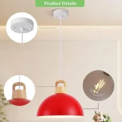 1-Light Red Industrial Metal Dome Shade Pendant Light With Wooden Top For Living Room Foyer Entryway -Lamp Parts red hljynjm pendant lights dmzjd000751r 4f 1000