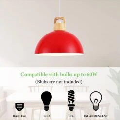 1-Light Red Industrial Metal Dome Shade Pendant Light With Wooden Top For Living Room Foyer Entryway -Lamp Parts red hljynjm pendant lights dmzjd000751r 76 1000