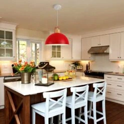 1-Light Red Industrial Metal Dome Shade Pendant Light With Wooden Top For Living Room Foyer Entryway -Lamp Parts red hljynjm pendant lights dmzjd000751r a0 1000