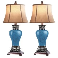 29 In. Set Of 2 Retro Pine Green Farmhouse Rustic Table Lamps For Living Room, 3-Color Temperature Dimmable