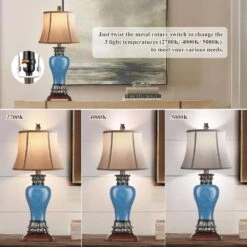 29 In. Set Of 2 Retro Pine Green Farmhouse Rustic Table Lamps For Living Room, 3-Color Temperature Dimmable -Lamp Parts retro pine green rottogoon table lamps hmlp331ag2 66 1000