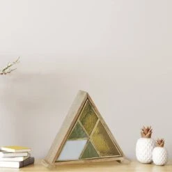 Chelsea 11 In. Wood Triangle Accent Lamp With Amber, Green, And White Glass And Wood Shade -Lamp Parts river of goods novelty lights 20773 fa 1000