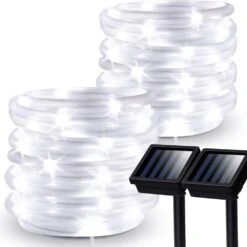 Outdoor 35.7 Ft. Solar Powered Cool White LED Rope Light With 8 Modes (2-Pack) -Lamp Parts rope lights s l xgz wh1 4f 1000