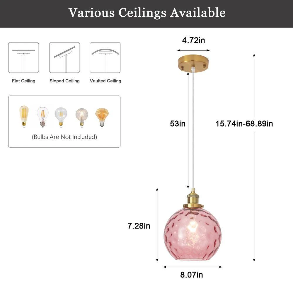 1 Light Rose Red Modern Globe Single Pendant Lighting With Glass Shade,No Bulbs Included 8 1 Light Rose Red Modern Globe Single Pendant Lighting With Glass Shade,No Bulbs Included - Image 6
