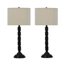 Pair Of 30.25 In. Satin Black Industrial Ribbed Metal Column Table Lamps With Designer Shades