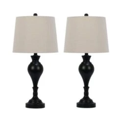 Pair Of 26.5 In. Satin Black Metal Urn Table Lamps W/USB And Designer Shades