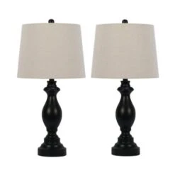 Pair Of 26 In. Satin Black Metal Balustrade Table Lamps W/USB And Designer Shades