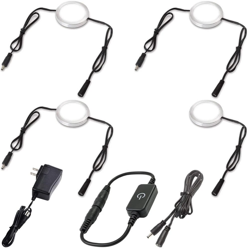 Energy Saving Plug-in 1-Light Dimmable Daylight Integrated LED Under Cabinet Puck Light 4-Pack 3 Energy Saving Plug-in 1-Light Dimmable Daylight Integrated LED Under Cabinet Puck Light 4-Pack