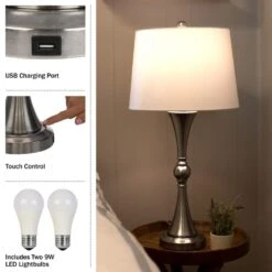 28.74 In. Set Of 2 Table Lamps With USB Charging Ports, Touch Control And LED Bulbs, Silver -Lamp Parts silver lavish home table lamps 72 lmpst2 22 usb e1 1000