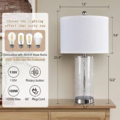 23.5 In. Silver Modern Dimmable Glass Bedroom Living Room Bedside Desk Nightstand Table Lamps USB Port (Set Of 2) -Lamp Parts silver maxax table lamps t263 ni 1f 1000