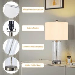 23.5 In. Silver Modern Dimmable Glass Bedroom Living Room Bedside Desk Nightstand Table Lamps USB Port (Set Of 2) -Lamp Parts silver maxax table lamps t263 ni 44 1000