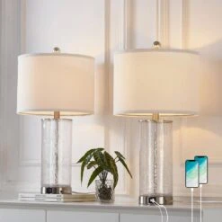 23.5 In. Silver Modern Dimmable Glass Bedroom Living Room Bedside Desk Nightstand Table Lamps USB Port (Set Of 2) -Lamp Parts silver maxax table lamps t263 ni 4f 1000